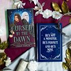 Links ein Buchcover mit "CURSED BY THE DAWN" von Logan Karlie. Rechts ein Buch mit "HE'S NOT A MONSTER. HE'S PERFECT. AND HE'S MINE."