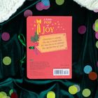 Roter Hintergrund mit Text: "A Little Pop of Joy". Weihnachtsdeko und bunte Konfetti auf einem dunklen Tuch.