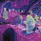 Ein mysteriöser Friedhof bei Vollmond, bunte Grabsteine, und sechs Kätzchen liegen zusammen auf herbstlichen Blättern.