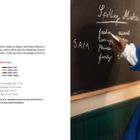 Texte: "Dreaming of the Stars", "DIFFICULTY: Easy", "SPELLING", "SAM", "freedom", "caring", "friends", "family". 

Links eine Textseite, rechts eine Puppe zeigt auf eine Schultafel.