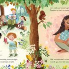 Links ein Park mit Kindern und Erwachsenen, die spielen. Rechts eine herzliche Umarmung unter einem Baum.