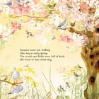 Text: "Susanna went out walking. One day in early spring. The woods and fields were full of birds. She loved to hear them sing."

Frühlingshafte Illustration mit Blüten, Vögeln und einem Baum.