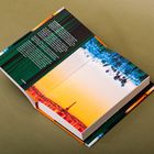 Text auf schwarzem Hintergrund in einem Buch. Gelb-orangefarbener Himmel mit Palmen- und Turm-Silhouetten.