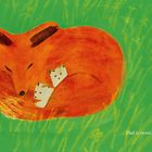 Text: "Dad is sweet." Illustration eines schlafenden Fuchses mit zwei Jungen in grünem Gras.