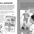 Texte: "BEING A MIDFIELDER", "STEVEN GERRARD", "BORN: 1980, MERSEYSIDE, ENGLAND", "LIVERPOOL: 710 GAMES, 186 GOALS", "ENGLAND: 114 GAMES, 21 GOALS", "TROPHIES: 2 x FA CUP, 3 x LEAGUE CUPS, UEFA CHAMPIONS LEAGUE WINNER (2004-05)", "Imagine Jude's pride when in 2025, Gerrard named him as one of the best five midfielders in the world right now. Wow!"

Die linke Seite beschreibt, wie Jude als Mittelfeldspieler spielt und Steven Gerrard bewundert. Der rechte Teil zeigt eine Illustration von Gerrard im Fußballtrikot, neben einem jungen Beobachter. Es sind Sternelemente als Dekoration vorhanden.