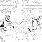 Texte: "And with that you stomped right in the middle of a big puddle and splashed it all over me."; "And then it was on! We stomped and splashed and splashed and stomped until we were both covered in the sticky green liquid and there were no more puddles left."; "You might need to find a bigger leaf, Clarence."

Zwei cartoonartige Figuren springen lachend durch Pfützen, während grünes Wasser spritzt. Eine Schildkröte kommentiert die Szene.