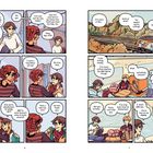 Zwei Personen führen Gespräche. Eine Szene zeigt eine Umarmung, in der anderen sitzen sie in einem Zug mit Landschaft im Hintergrund.