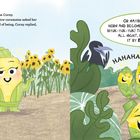 Comic-Stil, Sonnenblumenfeld mit sprechenden Maiskolben und kleinen Tieren, die lachen und Witze machen.