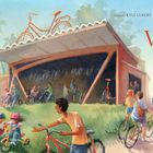 Texte: "The Vicious Cycle", "A Story of Healing", "written by KYLE LUKOFF", "illustrated by PRISCILLA TEY". 

Illustration: Menschen fahren auf Fahrrädern vor einem modernen Gebäude.