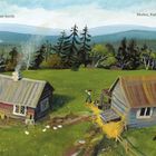 Der Text besagt: „Rebecca lebt auf einer Insel. Mutter, Vater und Kinder, ganz allein.“ Illustration von grüner Landschaft.