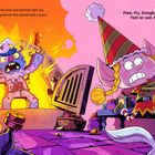 Ein Yeti mit Lebkuchen-Look jagt ein erschrockenes Mädchen in bunter Kleidung durch eine Küche voller Utensilien.