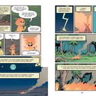 Comic mit verschiedenen Szenen: Dialoge über chemische Reaktionen und Brände. Illustrationen von Feuer, Blitz, Vulkan und Wald.
