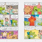 Zwei Seiten eines Comics: Links ein Alligator beim Zahnarzt, rechts bunte Krokodil-Illustrationen. Dialoge über Verwandlung.