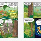 Comic mit einem Chamäleon. Sprechblasen: Gespräch über Anwaltsvertretung, Gerichtsverfahren und Fluchtplan.