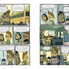 Zwei Comic-Seiten mit Figuren in einem Bus. Texte in Sprechblasen beschreiben eine Diskussion über einen vermissten Gegenstand namens "Sashimi".