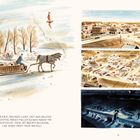 Illustration: Pferd zieht Schlitten über verschneite Landschaft. Stadtansichten bei Tag und Nacht.