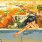 Ein Kind und ein älterer Mann fahren in einem Cabrio durch ein Kürbisfeld. Eine Szene voller Herbstfarben.
