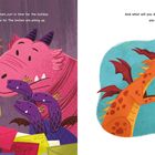 Auf der linken Seite sind bunte Drachen mit Einladungskarten. Rechts ein Drache mit Menschen, die sich freuen.