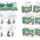 Comic-Dialog über Elfen-Zauber und Ork-Eltern. Ein Kind bietet einem Ork Gehirn statt Schokolade an. Verspielte Illustration.