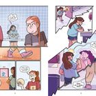 Zwei Kinder schauen verwirrt: "I...have to use the bathroom!" Mädchen läuft eilig, dann erschrocken vor Spiegel: "Ah! No, no—not right now!"