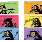 Comic mit wütender Katze, die ein Spiel verliert. Katze hat großen Kulleraugen, wedelnde Krallen und frustrierte Gesichtsausdrücke.