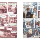 Comic-Seiten mit Schülern, die zeichnen, plaudern und Schulveranstaltungen diskutieren. Plakate und Sprechblasen.
