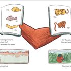 Zwei Seiten eines Buchs zeigen gezeichnete Tiere. Ein Tier mit Schnorchel sucht andere Tiere unter Wasser und im Gras.