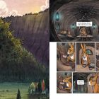 Text: "Good morning, Auntie. Some honeysuckle tea?" "See you tonight." Illustration: Landschaft, Hasen in gemütlichem Raum.