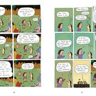 Ein Comic mit Dialogen über auserwählt sein und ein Abenteuer. Vier Figuren diskutieren eine Aufgabe. Sie sind bunt gezeichnet.