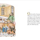 Text: "Good smells of hamantaschen baking filled every corner of the house... play the following day." Illustration: Bärenfamilie in Küche beim Backen und Nähen.