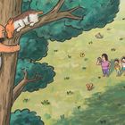 Ein Mann in Unterwäsche umarmt einen Baum. Ein Hund liegt auf einem Ast. Drei Personen beobachten vom Boden. Illustrationsstil.