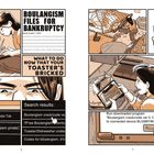 Texte: "BOULANGISM FILES FOR BANKRUPTCY", "WHAT TO DO NOW THAT YOUR TOASTER'S BRICKED", "Search results", "Run downloaded program...".  

Eine Frau am Laptop wirkt besorgt, nutzt Suchmaschinen, hält einen USB-Stick und arbeitet an einem Toaster.