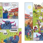 Dieses Bild ist eine bunte Comic-Illustration mit mehreren Charakteren in einem Stadion. Links spricht ein König.