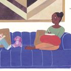 Text: "I want to draw nice pictures like Mama, but I can't. 'It takes patience,' she says." Illustration, Sofa, Kind, Frau, Pflanze.