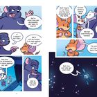 Illustration: Mäuse im Weltraum diskutieren über ihre Rückkehr zur Erde. Ein Satellit erscheint vor einem Sternenhintergrund.