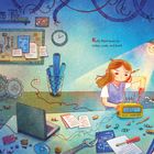 Text: "Kelly Kent loves to tinker, code, and build. (So does her dog, Gadget.)" Illustration eines Mädchens in einer Werkstatt.
