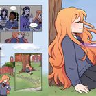 Dialog in einem Comic: "Um... okay?", "Weirdo". Ein Mädchen mit langem, orangem Haar sitzt glücklich unter einem Baum.