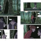 Text in Sprechblasen und Kästen: "There it is.", "HEY!", "FIND YOUR OWN HIDING SPOT.", "CAN'T BELIEVE IT'S STILL HERE...", "OH NO...", "NO, NO, NO...", "KIT?", "EMMA?" Szenen in einem dunklen Wald.