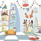 Text: "Behold the best pets your money can get!"  
Illustration zeigt einen Tierladen mit Tieren in Käfigen und Behältern.