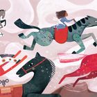 „With the dog and the rabbit, they run off to play.“ Ein Hund, zwei Kinder rennen auf einem Hügel; ein Haus im Hintergrund.