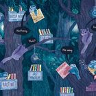 Dialoge und Genre-Schilder wie "BOSSA NOVA" zieren eine fantasievolle Waldszene mit Tieren.