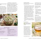 "Hot flushes" und "Incontinence" mit Behandlungsoptionen und natürlichen Mixturen. Bilder von Kräutern und Tee.
