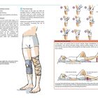 Text erklärt Erste-Hilfe-Maßnahmen und Reha bei Knieverletzungen. Illustrationen zeigen Bandagen- und Übungsanleitungen.