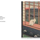 Zitat: "There are two means of refuge from the miseries of life: music and cats." Illustration eines sitzenden weißen Kätzchens am Fenster mit Landschaft.