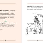 Seite zeigt Definitionen: "hammock", "hand sanitizer", "hatchet". Illustration: Ein Holzfäller hackt an einem Baum, mit einem Stier und einem Mann.