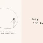 Links: "SOMETIMES GROWTH BEGINS OUTSIDE YOUR COMFORT CIRCLE." Zeichnung: Person verlässt Kreis. Rechts: "TAKE THE CHANCE."