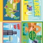 "WISH YOU WERE HERE", "LIVING LARGE", "VIEW From the TOP", "Visit NATIONAL Parks"; Illustrationen von Sehenswürdigkeiten.