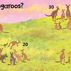 "Crews and crews of kangaroos? Count by 10s. Zahlen: 10, 20, 30, 40. Erklärung über Kängurus. Illustration von Kängurus auf einer Wiese."