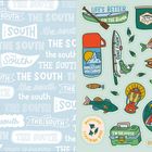 Links: "THE SOUTH" wiederholt in verschiedenen Schriften. Rechts: Illustrationen von Camping, Fischen, Natur. Texte: "LIFE'S BETTER ON THE RIVER", "THE MOUNTAINS ARE CALLING".