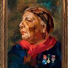 Moderne Illustration eines Porträts in einem verzierten Rahmen. Person mit rotem Schal und Medaillen im Profil.